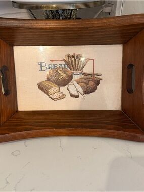 Vintage Wooden Needlepoint Bread Basket Box Design Farmhouse Cottagecore
